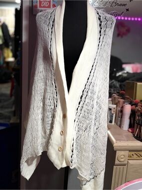 NWOT Vintage Ivory Open-Weave Chevron Button Front Cardigan Sweater-OS
